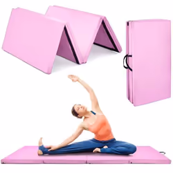 Tapis de Gymnastique Pliable 240x116x5cm COSTWAY-4 Plis en Mousse PU-2 Poignée-Attache Auto-agrippante-Housse Amovible-Rose
