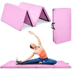 Tapis de Gymnastique Pliable 240x116x5cm COSTWAY-4 Plis en Mousse PU-2 Poignée-Attache Auto-agrippante-Housse Amovible-Rose
