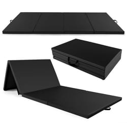 Tapis de Gymnastique Pliable COSTWAY-300 x 117 x 5CM à 4 Plis avec Poignées Tapis en Cuir PU avec Attaches Auto-agrippantes-Noir