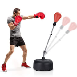 COSTWAY Sac de Frappe Boxe Enfants-Hauteur Réglable 140-158 cm-Gants-Base Lesté de SableEau-6 Ventouses-Punching Ball-Rouge
