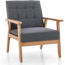 COSTWAY Fauteuil de Salon 1 Place avec Cadre en Bois d’Hévéa & Tissu en Lin Respirant, Fauteuil Scandinave Rembourré Boutonné pour Chambre, Bureau,