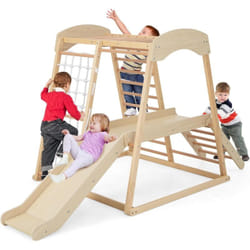 Costway - 6 en 1 Triangle d'escalade en Bois Enfants avec Toboggan & Zone Tampon, Aire de Jeu d'Escalade Intérieur avec Filet & Échelle pour Grimper,