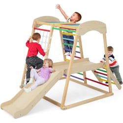 COSTWAY 6 en 1 Triangle d'escalade en Bois Enfants avec Toboggan & Zone Tampon, Aire de Jeu d’Escalade Intérieur avec Filet & Échelle pour Grimper,