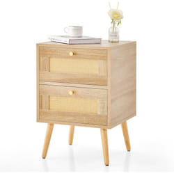 Costway - Table de Chevet en Rotin, Table de Nuit Bois avec 2 Tiroirs et 4 Pieds en Pin, Porte Cannage, Table d'appoint scandinave pour Salon,