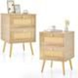 COSTWAY Lot de 2 Table de Chevet en Rotin 2 Tiroirs et 4 Pieds en Pin Porte Cannage pour Salon Chambre 40 x 40 x 59 cm