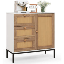 Costway - Buffet Cuisine 3 Tiroirs avec Placard, Buffet Salle à Manger Étagère Réglable, Pied en Métal, Porte Design Cannage, 80 x 35 x 80,5 cm,