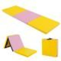 Tapis de Gym Pliable COSTWAY-180 x 60 x 5cm-3 Plis avec Poignée-Attaches Auto-agrippantes-en PU Etanche Remplissage EPE-Jaune+Rose