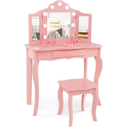 Costway - 2 en 1 Coiffeuse Enfants et Tabouret avec Miroir Amovible à Trois Volets & Lumières led, Table de Maquillage Princesse avec Tiroir de