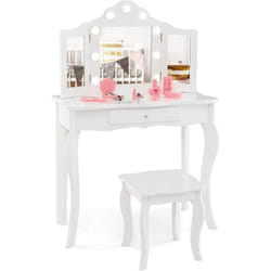 Costway - 2 en 1 Coiffeuse Enfants et Tabouret avec Miroir Amovible à Trois Volets & Lumières led, Table de Maquillage Princesse avec Tiroir de