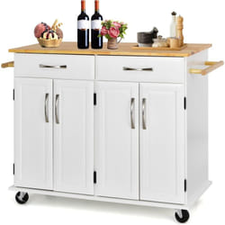 Costway - Desserte de Cuisine sur roulettes avec Comptoir en Bois D'hévéa, Chariot de Service à 4 Portes avec Étagères Réglables, 2 Grands Tiroirs,