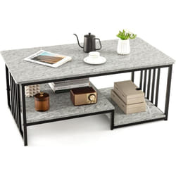 Costway - Table Basse Marbre, Table Basse Salon Rectangulaire avec 2 Étagères, Cadre en Métal Noir, Effet Marbre Gris, pour Salon, Maison, 110 x 60 x
