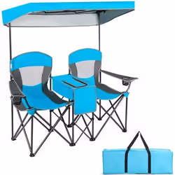 Chaise/Fauteuil de Camping Pliante 2 Places - COSTWAY - Pare-soleil Amovible et Réglable - Sac Isotherme - Bleu