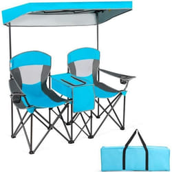 Chaise/Fauteuil de Camping Pliante 2 Places - COSTWAY - Pare-soleil Amovible et Réglable - Sac Isotherme - Bleu