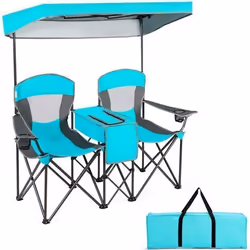 Chaise/Fauteuil de Camping Pliante 2 Places - COSTWAY - Pare-soleil Amovible et Réglable - Sac isotherme - Vert