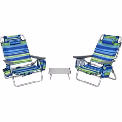 COSTWAY Ensemble 3 pcs de 2 Chaises de Camping Plage Pliante et Table Enroulable Appui-tête Dossier Réglable à 5 Positions Bl ...