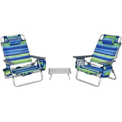 COSTWAY Ensemble 3 pcs de 2 Chaises de Camping Plage Pliante et Table Enroulable Appui-tête Dossier Réglable à 5 Positions Bleu