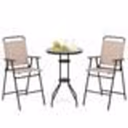 COSTWAY 3PCS Salon de Jardin - 2 Chaises de Jardin Pliantes Table Basse Ronde en Verre Trempé - Bistro Terrasse Piscine - Bei ...