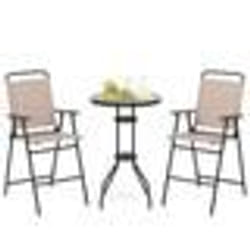 COSTWAY 3PCS Salon de Jardin - 2 Chaises de Jardin Pliantes Table Basse Ronde en Verre Trempé - Bistro Terrasse Piscine - Beige