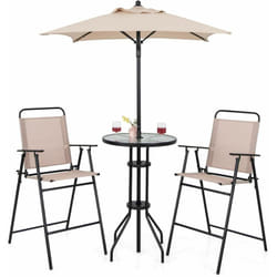 COSTWAY Salon de Jardin pour Patio Cadre Métallique avec Table Basse en Verre Trempé, Ensemble de 2 Chaises Pliantes et Table avec Trou pour Parasol