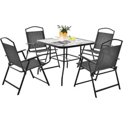 Ensemble de Salon de Jardin 5 Pièces, 4 Chaises Pliantes 1 Table Basse en Verre Trempé avec Trou pour Parasol Cadre en Métal, pour Patio Terrasse