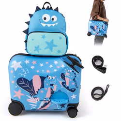 COSTWAY Valise Enfants à Roulettes 18” avec Sac à Dos 12” Roues Coque Imperméable Poignée Rétractable Dinosaure 3 Ans+ Bleu