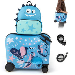 COSTWAY Valise Enfants à Roulettes 18” avec Sac à Dos 12” Roues Coque Imperméable Poignée Rétractable Dinosaure 3 Ans+ Bleu