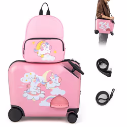 COSTWAY Valise Enfants à Roulettes 18” avec Sac à Dos 12” Roues Coque Imperméable Poignée Rétractable Licorne 3 Ans+ Rose