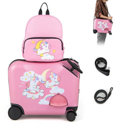 COSTWAY Valise Enfants à Roulettes 18” avec Sac à Dos 12” Roues Coque Imperméable Poignée Rétractable Licorne 3 Ans+ Rose