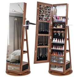 COSTWAY Armoire à Bijoux Pivotante à 360° - Miroir Pleine Longueur Lumières LED Etagère 3 Niveaux Porte Verrouillable - Noyer
