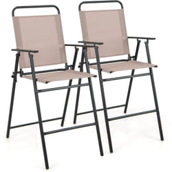 Costway - Lot de 2 Chaises de Jardin Pliantes avec Accoudoirs, Chaises d'Extérieur à Dossier Haut avec Cadre en Métal, Fauteuil de Jardin en Teslin