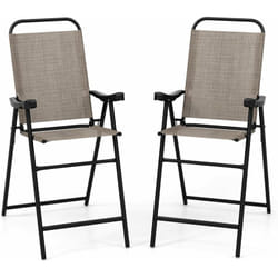 Costway - Lot de 2 Chaises de Jardin Pliantes avec Accoudoirs, Chaises d'Extérieur à Dossier Haut avec Cadre en Métal, Fauteuil de Jardin en Tissu de