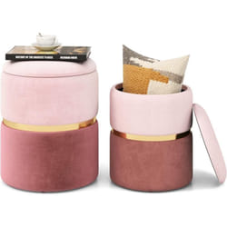 Costway - Lot de 2 Tabouret Pouf en Velours, Pouf Rond avec Grand Espace de Rangement, Siège de Coiffeuse Rembourré, Repose-Pieds Élégant, pour