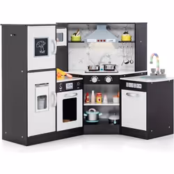 Cuisne Enfants d’Angle - Costway -3 Ans+ en Bois17 Accessoires Sons et Lumières Tableau Noir Cadeau Idéal Marron