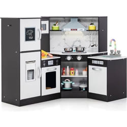 Cuisne Enfants d’Angle - Costway -3 Ans+ en Bois17 Accessoires Sons et Lumières Tableau Noir Cadeau Idéal Marron
