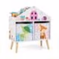 COSTWAY Étagère de Rangement Enfants en Forme Maison avec 2 Bacs & 4 Emplacements avec Motif dAnimaux & Patins Antidérapants