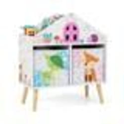 COSTWAY Étagère de Rangement Enfants en Forme Maison avec 2 Bacs & 4 Emplacements avec Motif dAnimaux & Patins Antidérapants