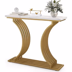 Table Console COSTWAY Imprimée Marbre -100 x 295 x 805 cm (L x l x H)- Cadre en Métal Doré - Style Scandinave Moderne