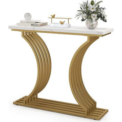 Table Console COSTWAY Imprimée Marbre -100 x 295 x 805 cm (L x l x H)- Cadre en Métal Doré - Style Scandinave Moderne
