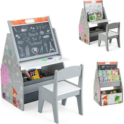 Costway - 3 en 1 Table Enfants avec Chaise et Tableau Double Face & Réglable, Table à Dessin avec Bac en Tissu & Motif d'animaux, Bibliothèque pour
