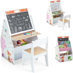 Costway - 3 en 1 Table Enfants avec Chaise et Tableau Double Face & Réglable, Table à Dessin avec Bac en Tissu & Motif d'animaux, Bibliothèque pour