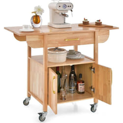 Costway - Desserte de Cuisine à roulettes, Chariot de Cuisine Plateau en Bois d'Hévéa Rabattable, Îlot de Cuisine Roulant avec Tiroir, Placard, pour