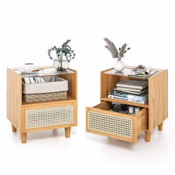 COSTWAY Lot de 2 Table de Chevet en Bambou avec Tiroir Plateau en Verre 4 Pieds en Bois Massif 43 x 35 x 50 cm Naturel