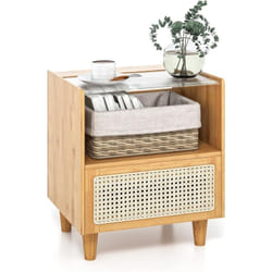 Costway - Table de Chevet avec Tiroir, Table d'Appoint en Bambou avec Plateau en Verre, Design Cannage, Grand Compartiement, Pieds en Bois Massif,