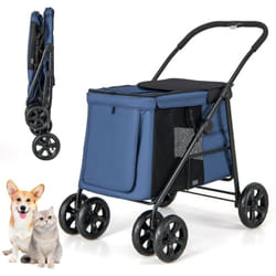 Costway - Poussette pour Chien Pliante, Poussette Buggy pour Chien Chat avec Poche de Rangement et 2 Portes Zippées, Chariot de Voyage Portable à