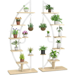 Costway - Support de Plante en Métal à 7 Niveaux, Étagère à Fleurs avec Crochet, Porte Plantes en Forme Demi-lune avec Dispositif Anti-renversement