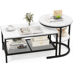 Costway - Tables Basses Gigognes Lot de 2, Table Gigogne Design Marbre, Cadre en Métal, Table Salon Rectangulaire, Table d'Appoint Ronde pour Canapé,