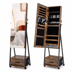 COSTWAY Armoire à Bijoux à Roulettes - Miroir Pleine Longueur et Tiroir 9 Compartiments Porte Verrouillable - Marron