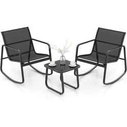 Salon de Jardin 3 Pièces avec Chaises à Bascule Table en Verre, Ensemble de Meuble Extérieur 2 Fauteuils Cadre Métallique Charge 150KG, pour Porche
