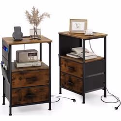 COSTWAY Lot de 2 Tables de Chevet Industrielles avec Station de Charge-Ports USB et Prises CA 2 Tiroirs et 6 Poches Latérales