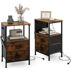 COSTWAY Lot de 2 Tables de Chevet Industrielles avec Station de Charge-Ports USB et Prises CA 2 Tiroirs et 6 Poches Latérales